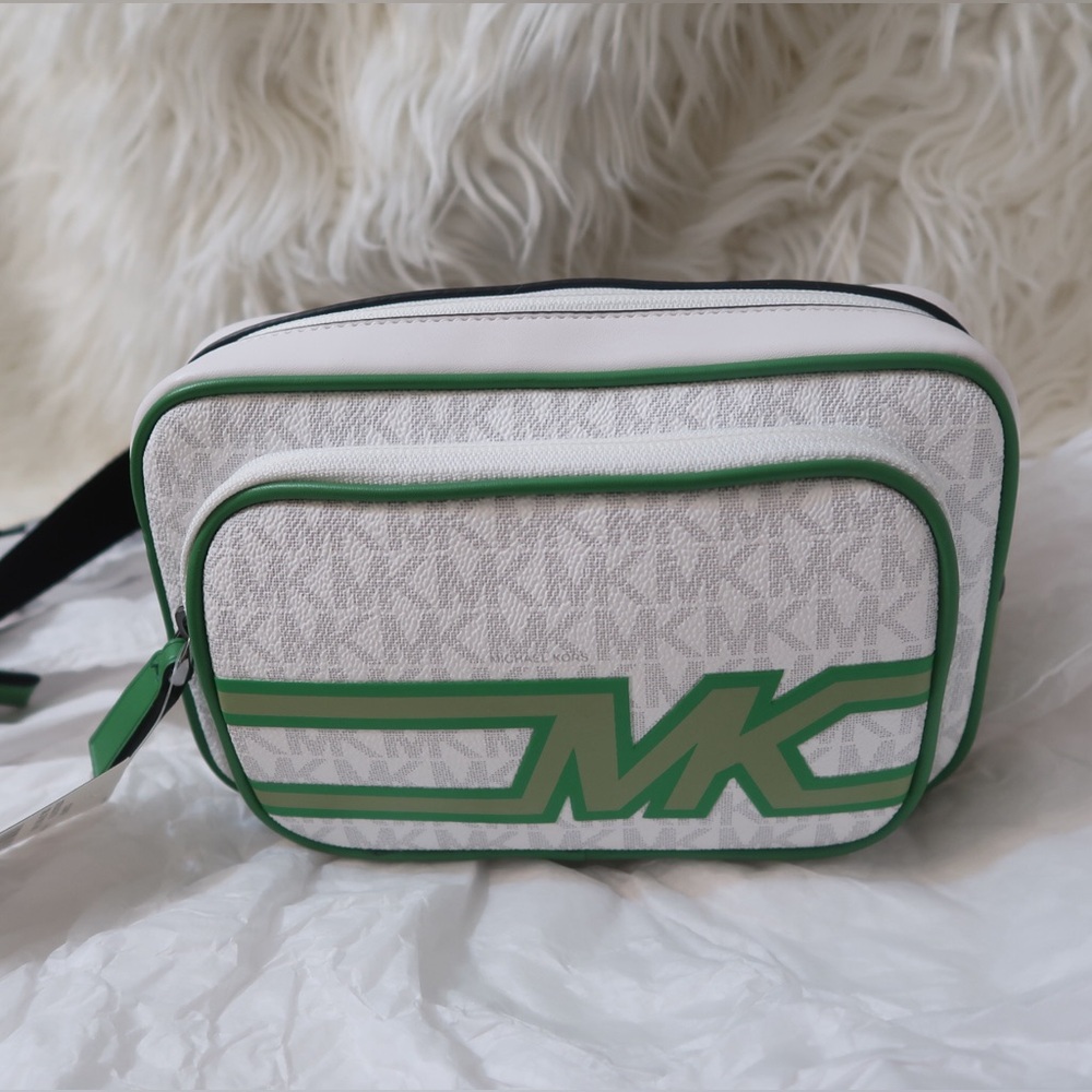 Michael Kors NWT Cooper DBL Zip Signature Crossbody Belt Bag Palm Green/White